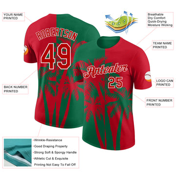 Custom Red Kelly Green-White Hawaii Tropical Coastal Palm Trees Performance T-Shirt