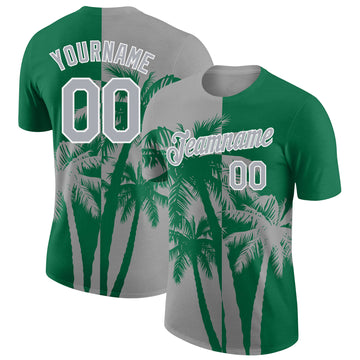 Custom Kelly Green Gray-White Hawaii Tropical Coastal Palm Trees Performance T-Shirt