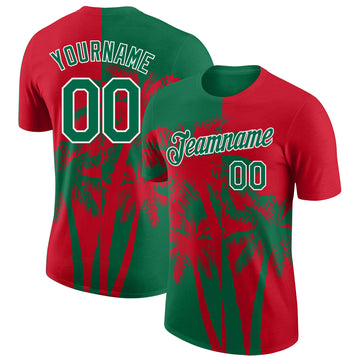 Custom Red Kelly Green-White Hawaii Tropical Coastal Palm Trees Performance T-Shirt