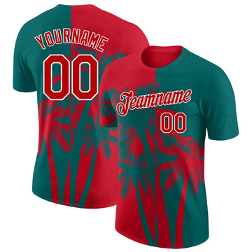 Custom Teal Red-White Hawaii Tropical Coastal Palm Trees Performance T-Shirt