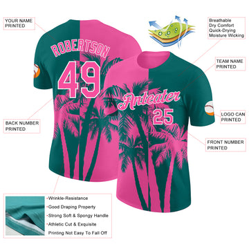 Custom Teal Pink-White Hawaii Tropical Coastal Palm Trees Performance T-Shirt
