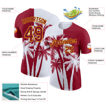 Custom Crimson White-Yellow Hawaii Tropical Coastal Palm Trees Performance T-Shirt