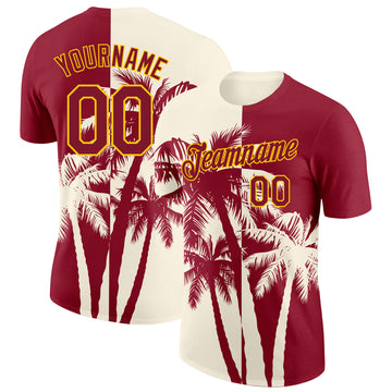 Custom Crimson Cream-Yellow Hawaii Tropical Coastal Palm Trees Performance T-Shirt