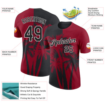 Custom Crimson Black-White Hawaii Tropical Coastal Palm Trees Performance T-Shirt