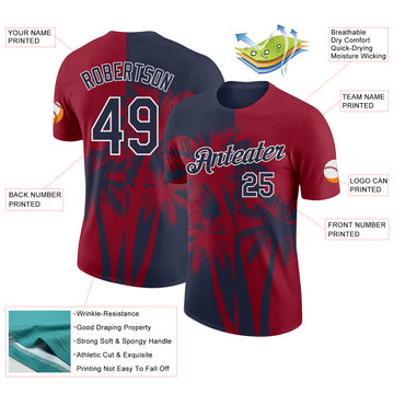 Custom Crimson Navy-White Hawaii Tropical Coastal Palm Trees Performance T-Shirt