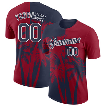 Custom Crimson Navy-White Hawaii Tropical Coastal Palm Trees Performance T-Shirt