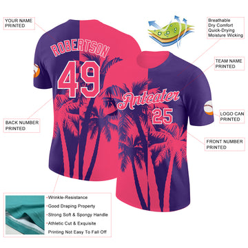 Custom Purple Neon Pink-White Hawaii Tropical Coastal Palm Trees Performance T-Shirt