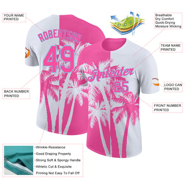 Custom White Pink-Light Blue Hawaii Tropical Coastal Palm Trees Performance T-Shirt