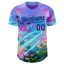 Laden Sie das Bild in den Galerie-Viewer, Custom Purple Dark Purple Pink-Sky Blue Cyber Tropical Palm Trees Psychedelic Sky Authentic Baseball Jersey
