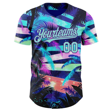 Custom Blue Ice Blue-Purple Cyber Tropical Palm Trees Music Festival Authentic Baseball Jersey