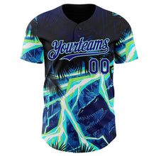 Загрузить изображение в средство просмотра галереи, Custom Black Dark Purple-Ice Blue Cyber Tropical Palm Trees Dinosaur Gothic Fantasy Authentic Baseball Jersey
