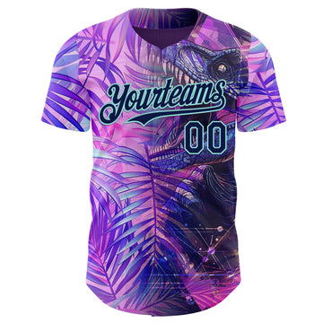 Custom Purple Navy-Ice Blue Cyber Tropical Palm Trees Dinosaur Gothic Fantasy Authentic Baseball Jersey