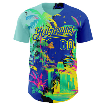 Custom Thunder Blue Green-Light Yellow Cyber Tropical Palm Trees Music Festival Authentic Baseball Jersey