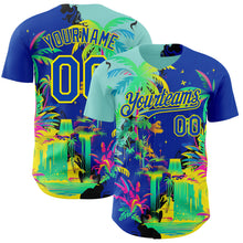 Загрузить изображение в средство просмотра галереи, Custom Thunder Blue Green-Light Yellow Cyber Tropical Palm Trees Music Festival Authentic Baseball Jersey
