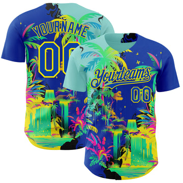 Custom Thunder Blue Green-Light Yellow Cyber Tropical Palm Trees Music Festival Authentic Baseball Jersey