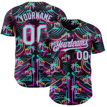 Custom Black Ice Blue-Deep Pink Cyber Tropical Palm Trees Music Festival Authentic Baseball Jersey