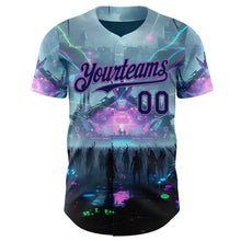 Load image into Gallery viewer, Custom Gray Navy Black-Medium Purple Cyber Tropical Palm Trees Music Festival Authentic Baseball Jersey
