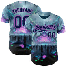 Load image into Gallery viewer, Custom Gray Navy Black-Medium Purple Cyber Tropical Palm Trees Music Festival Authentic Baseball Jersey
