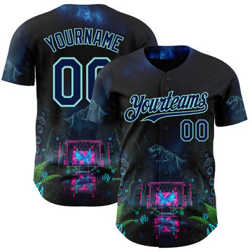 Custom Black Navy-Ice Blue Cyber Tropical Palm Trees Music Festival Gothic Fantasy Authentic Baseball Jersey