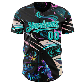 Custom Black Aqua-Ice Blue Cyber Tropical Palm Trees Music Festival Fluid Liquid Authentic Baseball Jersey