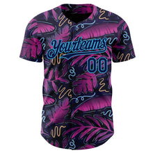Laden Sie das Bild in den Galerie-Viewer, Custom Black Navy Purple-Sky Blue Cyber Tropical Palm Trees Music Festival Authentic Baseball Jersey
