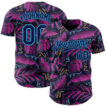 Laden Sie das Bild in den Galerie-Viewer, Custom Black Navy Purple-Sky Blue Cyber Tropical Palm Trees Music Festival Authentic Baseball Jersey
