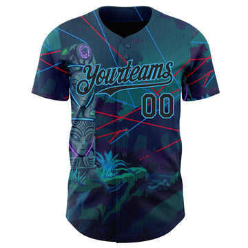 Custom Blue Black-Sky Blue Cyber Tropical Palm Trees Gothic Fantasy Authentic Baseball Jersey