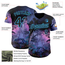 Laden Sie das Bild in den Galerie-Viewer, Custom Blue Black Purple-Sky Blue Cyber Tropical Palm Trees Music Festival Authentic Baseball Jersey
