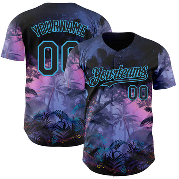 Custom Blue Black Purple-Sky Blue Cyber Tropical Palm Trees Music Festival Authentic Baseball Jersey