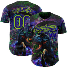 Laden Sie das Bild in den Galerie-Viewer, Custom Black Dark Purple-Neon Green Cyber Tropical Palm Trees Music Festival Gothic Fantasy Authentic Baseball Jersey
