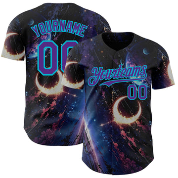 Custom Black Purple-Lakes Blue Galaxy Star Moon Nebula Authentic Baseball Jersey