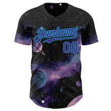 Load image into Gallery viewer, Custom Black Purple-Lakes Blue Galaxy Star Nebula Authentic Baseball Jersey
