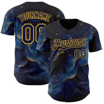 Custom Black Navy-Gold Galaxy Star Nebula Authentic Baseball Jersey