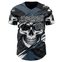 Load image into Gallery viewer, Custom Black Blue-White 3D Pattern Design Motorcycle Motocross Skull Authentic Baseball Jersey
