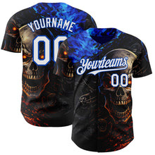 Load image into Gallery viewer, Custom Black White-Thunder Blue 3D Pattern Design Motorcycle Motocross Skull Authentic Baseball Jersey
