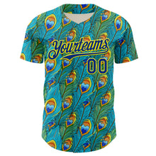 Load image into Gallery viewer, Custom Blue Royal Green-Light Yellow Peacock Feather Print Authentic Baseball Jersey
