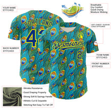 Load image into Gallery viewer, Custom Blue Royal Green-Light Yellow Peacock Feather Print Authentic Baseball Jersey
