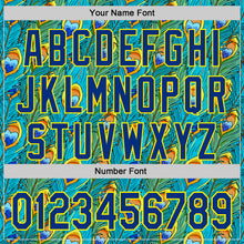 Load image into Gallery viewer, Custom Blue Royal Green-Light Yellow Peacock Feather Print Authentic Baseball Jersey
