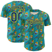 Load image into Gallery viewer, Custom Blue Royal Green-Light Yellow Peacock Feather Print Authentic Baseball Jersey
