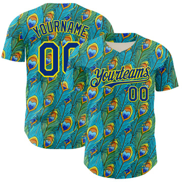 Custom Blue Royal Green-Light Yellow Peacock Feather Print Authentic Baseball Jersey