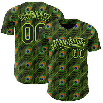 Custom Black-Neon Green Peacock Feather Print Authentic Baseball Jersey