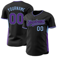 Загрузить изображение в средство просмотра галереи, Custom Black Purple-Light Blue Classic Color Block Side Panel Stripe Authentic Baseball Jersey
