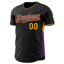 Load image into Gallery viewer, Custom Black Purple-Gold Classic Color Block Side Panel Stripe Authentic Baseball Jersey
