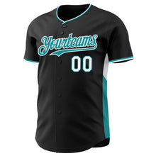 Laden Sie das Bild in den Galerie-Viewer, Custom Black Teal-White Classic Color Block Side Panel Stripe Authentic Baseball Jersey
