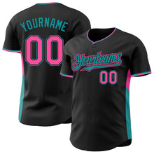 Laden Sie das Bild in den Galerie-Viewer, Custom Black Pink-Teal Classic Color Block Side Panel Stripe Authentic Baseball Jersey

