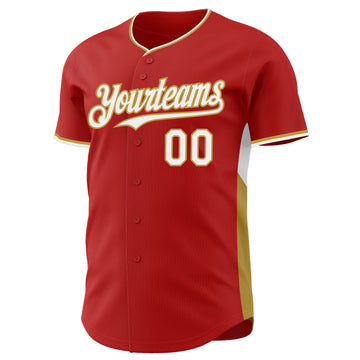 Custom Red White-Old Gold Classic Color Block Side Panel Stripe Authentic Baseball Jersey