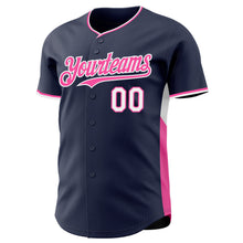Laden Sie das Bild in den Galerie-Viewer, Custom Navy Pink-White Classic Color Block Side Panel Stripe Authentic Baseball Jersey
