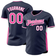Laden Sie das Bild in den Galerie-Viewer, Custom Navy Pink-White Classic Color Block Side Panel Stripe Authentic Baseball Jersey
