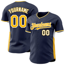 Charger l'image dans la galerie, Custom Navy Gold-White Classic Color Block Side Panel Stripe Authentic Baseball Jersey
