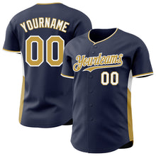 Laden Sie das Bild in den Galerie-Viewer, Custom Navy Old Gold-White Classic Color Block Side Panel Stripe Authentic Baseball Jersey
